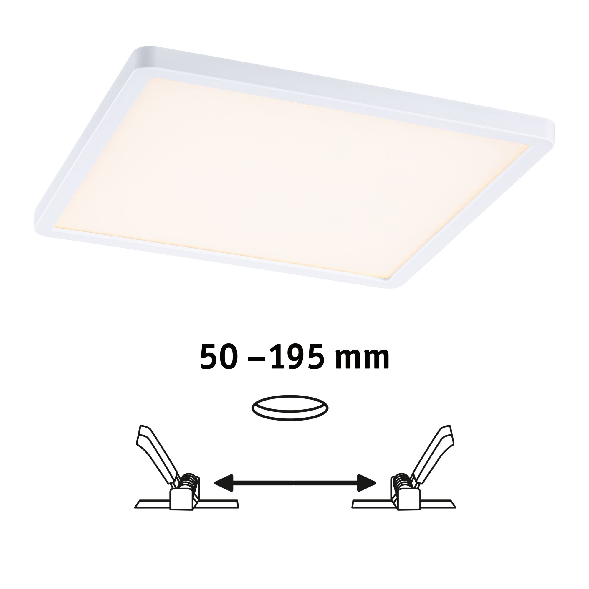 Rectangular white LED ceiling light with warm white glow and adjustable installation size 50-195 mm