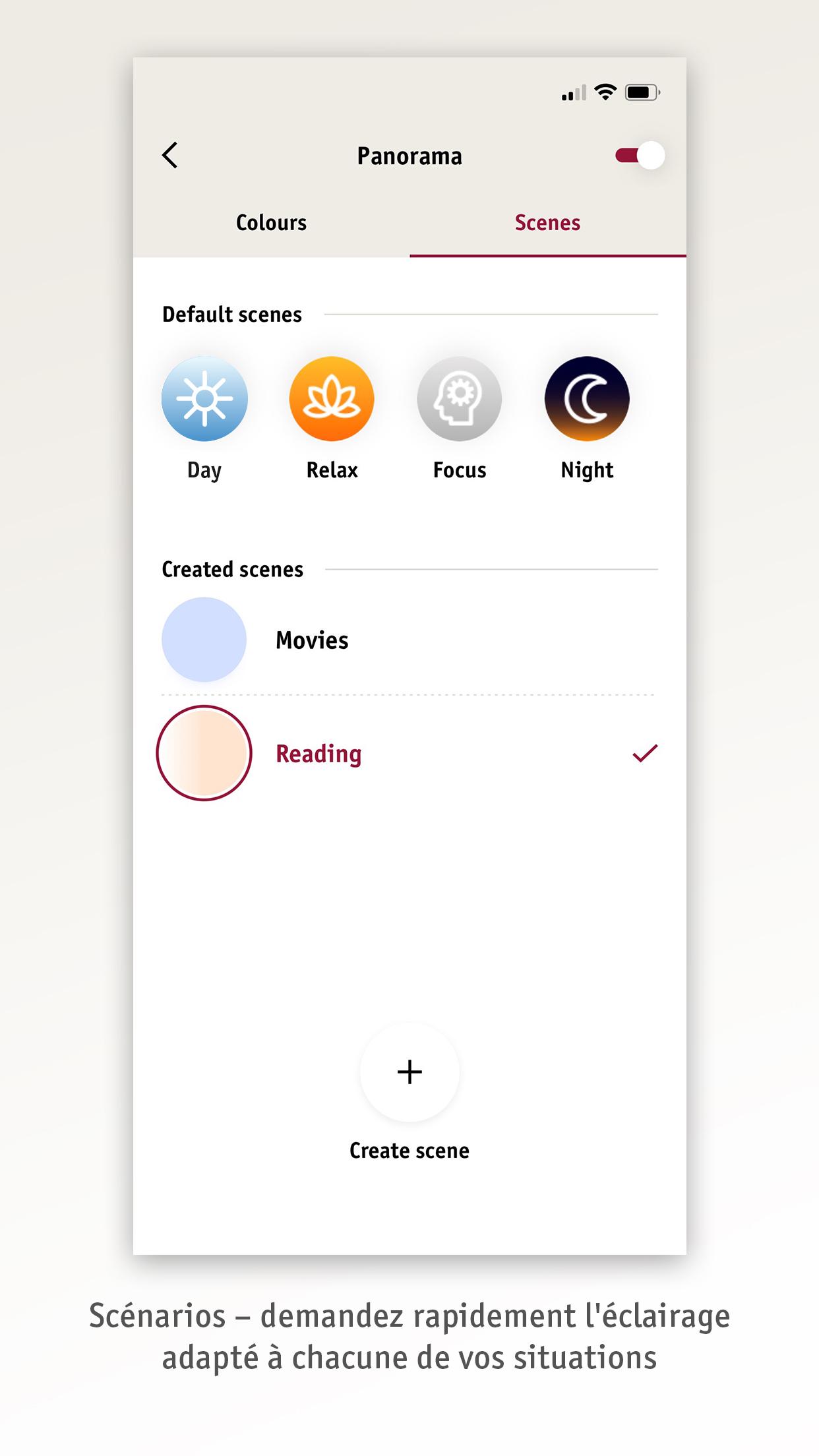 Capture d'écran d'application avec scénarios d'éclairage intelligents comme Jour, Relax, Focus et Nuit