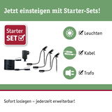Starter-Set mit drei schwarzen LED-Gartenleuchten, Kabel und Trafo für einfache Außenbeleuchtung.