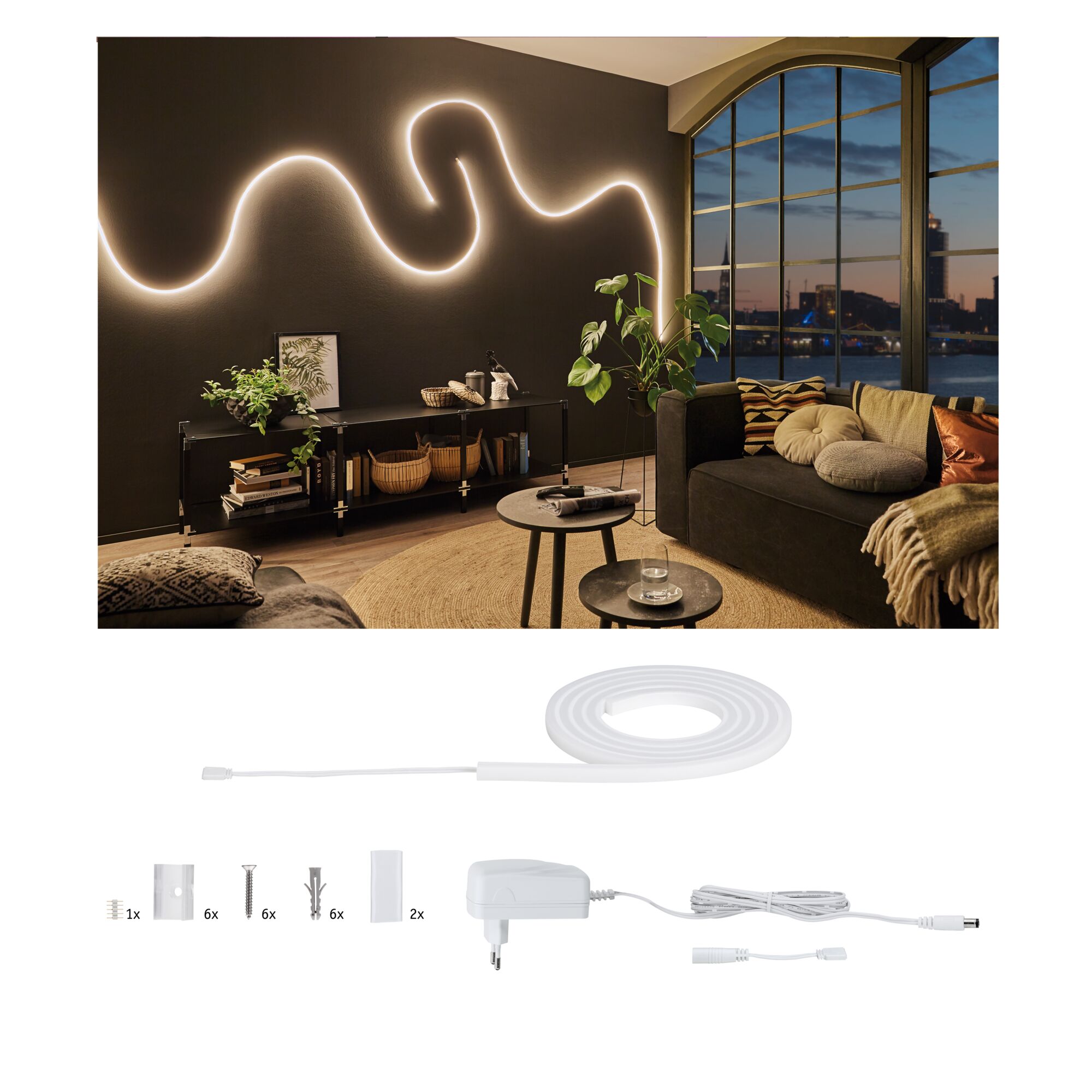 Flexibles LED-Lichtband in Weiß mit Zubehör für kreative Wandbeleuchtung im Wohnzimmer