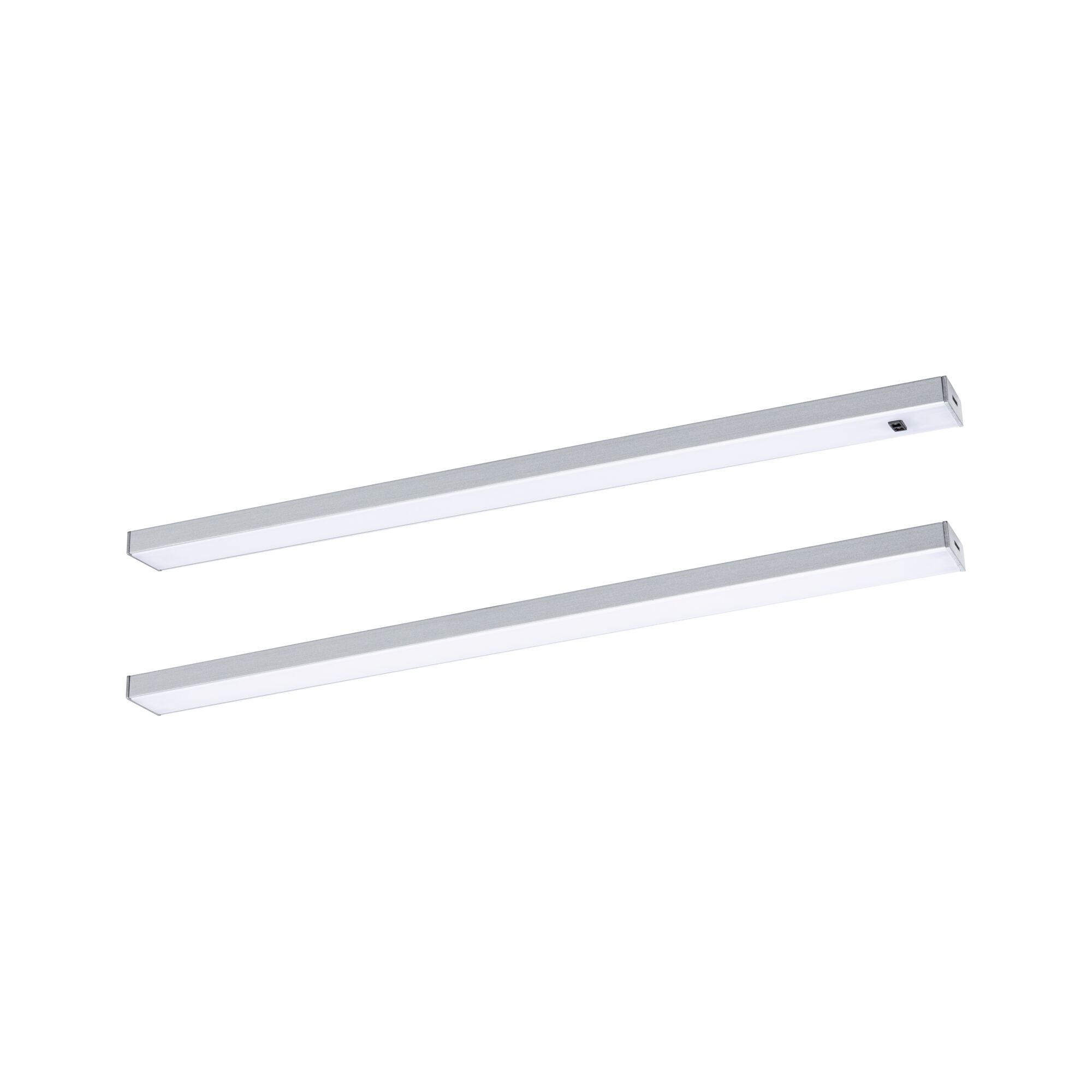Two slim silver aluminum LED under-cabinet lights for modern kitchen lighting solutions