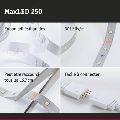 Bande LED MaxLED 250 avec 30 LEDs par mètre, ruban adhésif au dos et connexion facile
