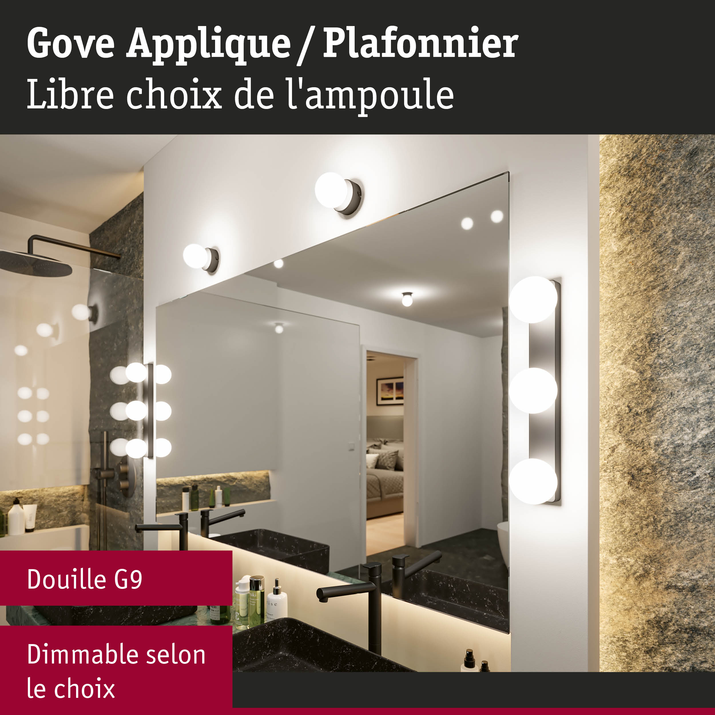 Applique murale Gove blanche avec ampoules rondes en verre près du miroir de salle de bain, dimmable G9
