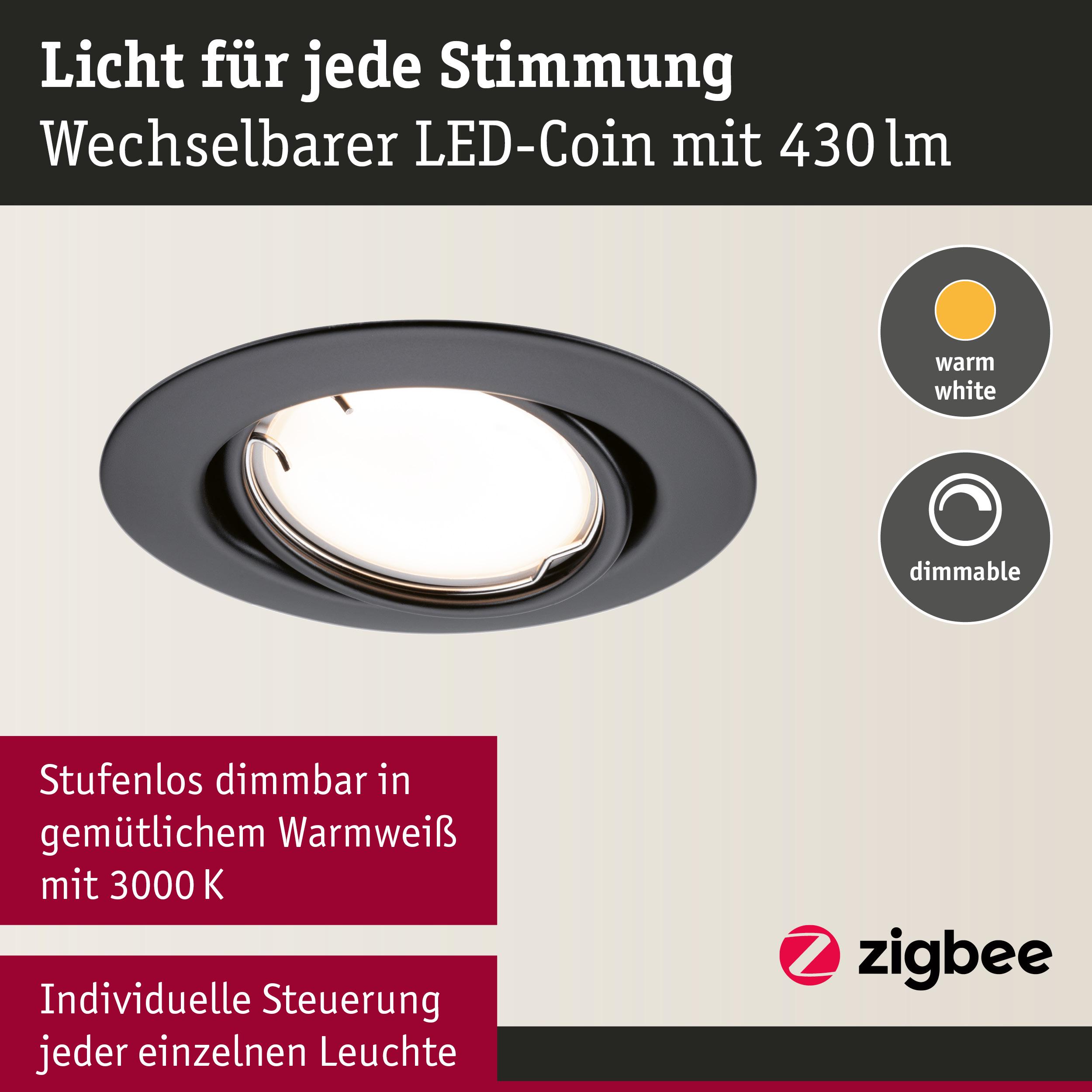 Schwarzer LED-Einbaustrahler mit warmweißem, dimmbarem LED-Coin für individuelle Lichtsteuerung