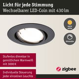 Schwarzer LED-Einbaustrahler mit warmweißem, dimmbarem LED-Coin für individuelle Lichtsteuerung
