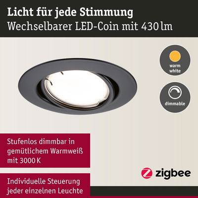 Schwarzer LED-Einbaustrahler mit warmweißem, dimmbarem LED-Coin für individuelle Lichtsteuerung
