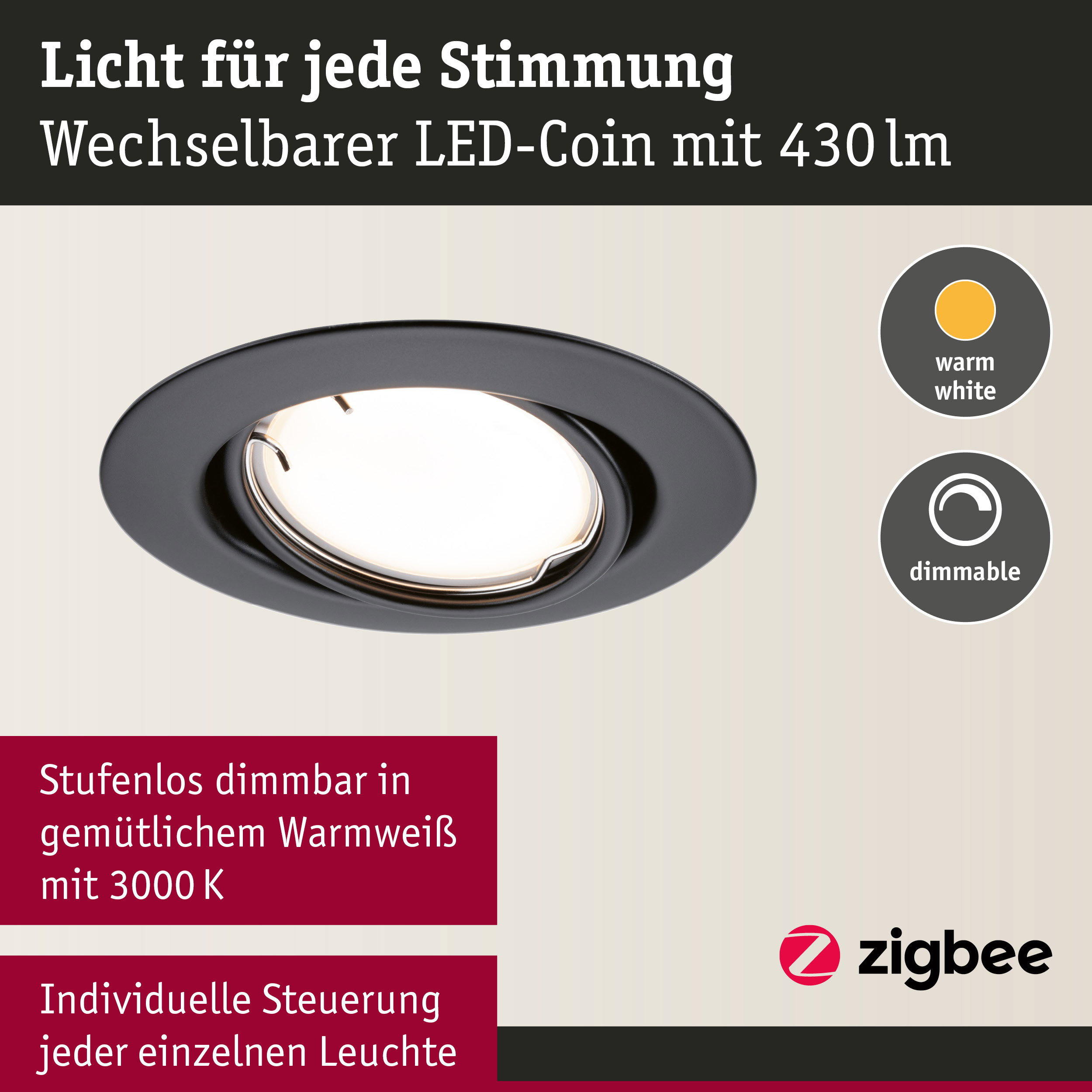 Schwarze LED-Einbauleuchte mit wechselbarem LED-Coin, warmweiß und dimmbar für stimmungsvolle Beleuchtung