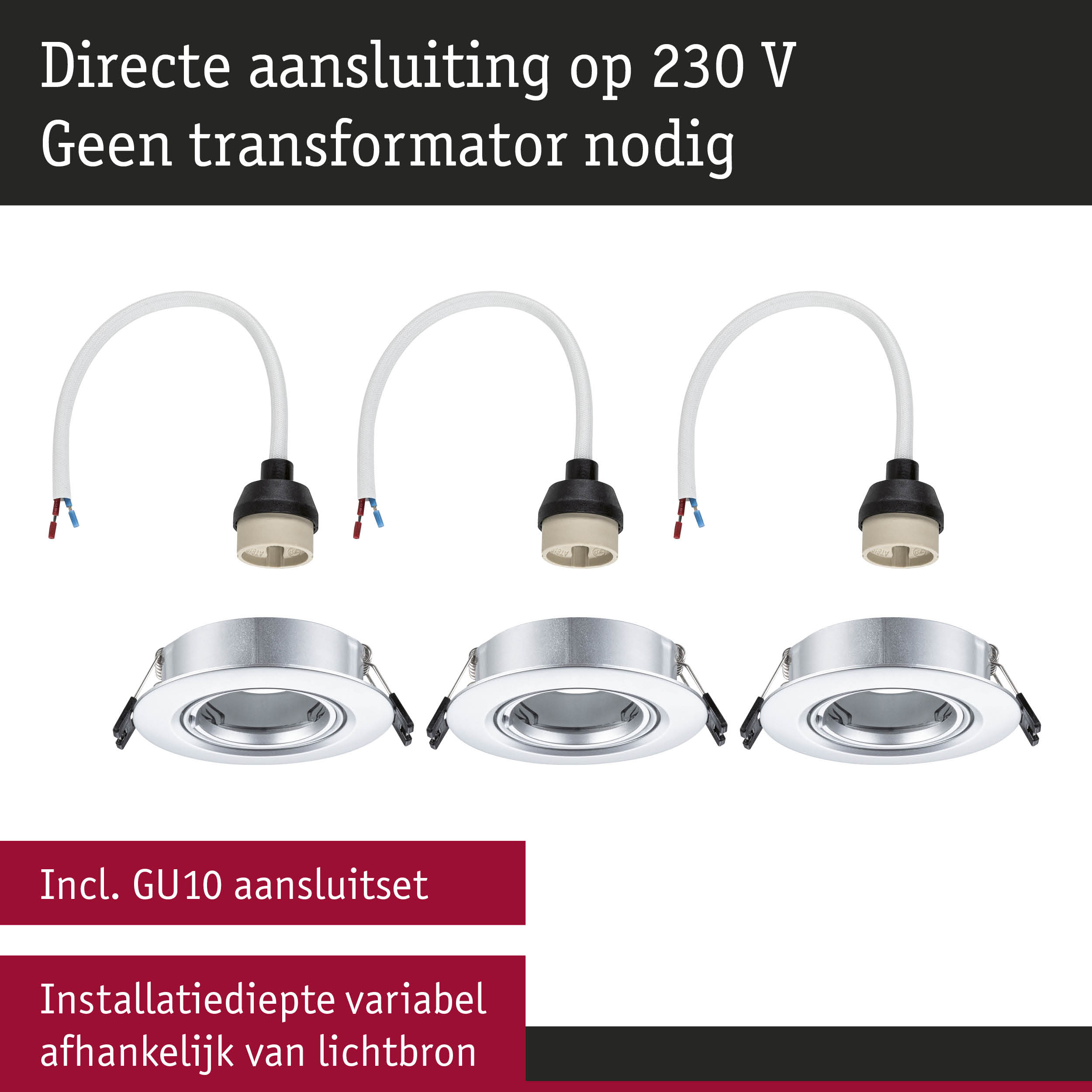 Drie witte GU10 aansluitingen met zwarte kabel en zilveren inbouwspots voor 230V stroomvoorziening