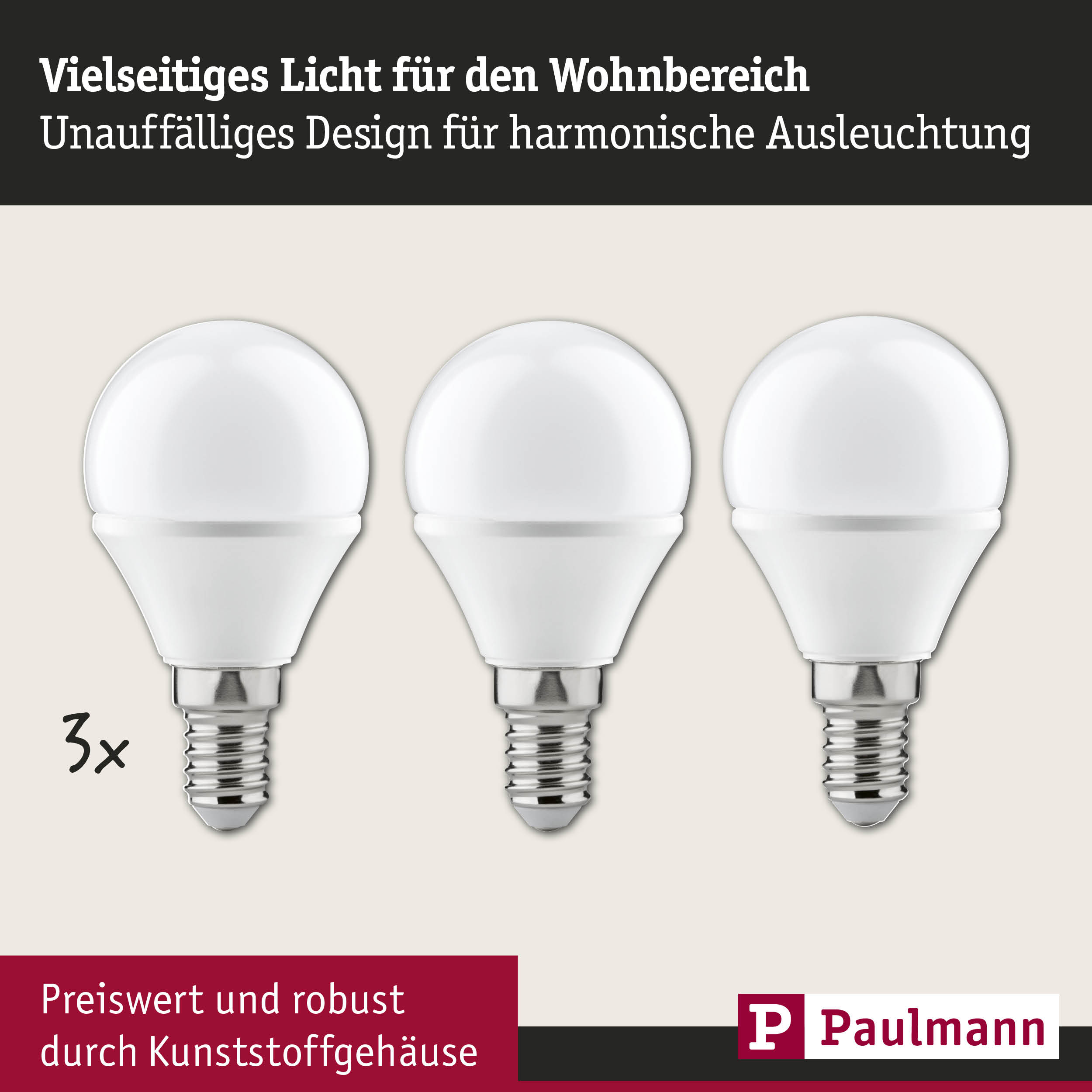 Drei weiße LED-Leuchtmittel mit Kunststoffgehäuse für vielseitige Wohnraumbeleuchtung