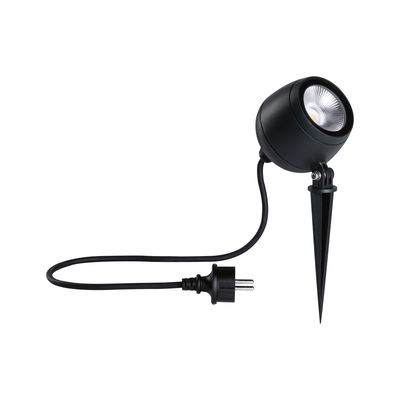 Black LED garden spotlight with ground spike and cable for outdoor lighting and garden use.