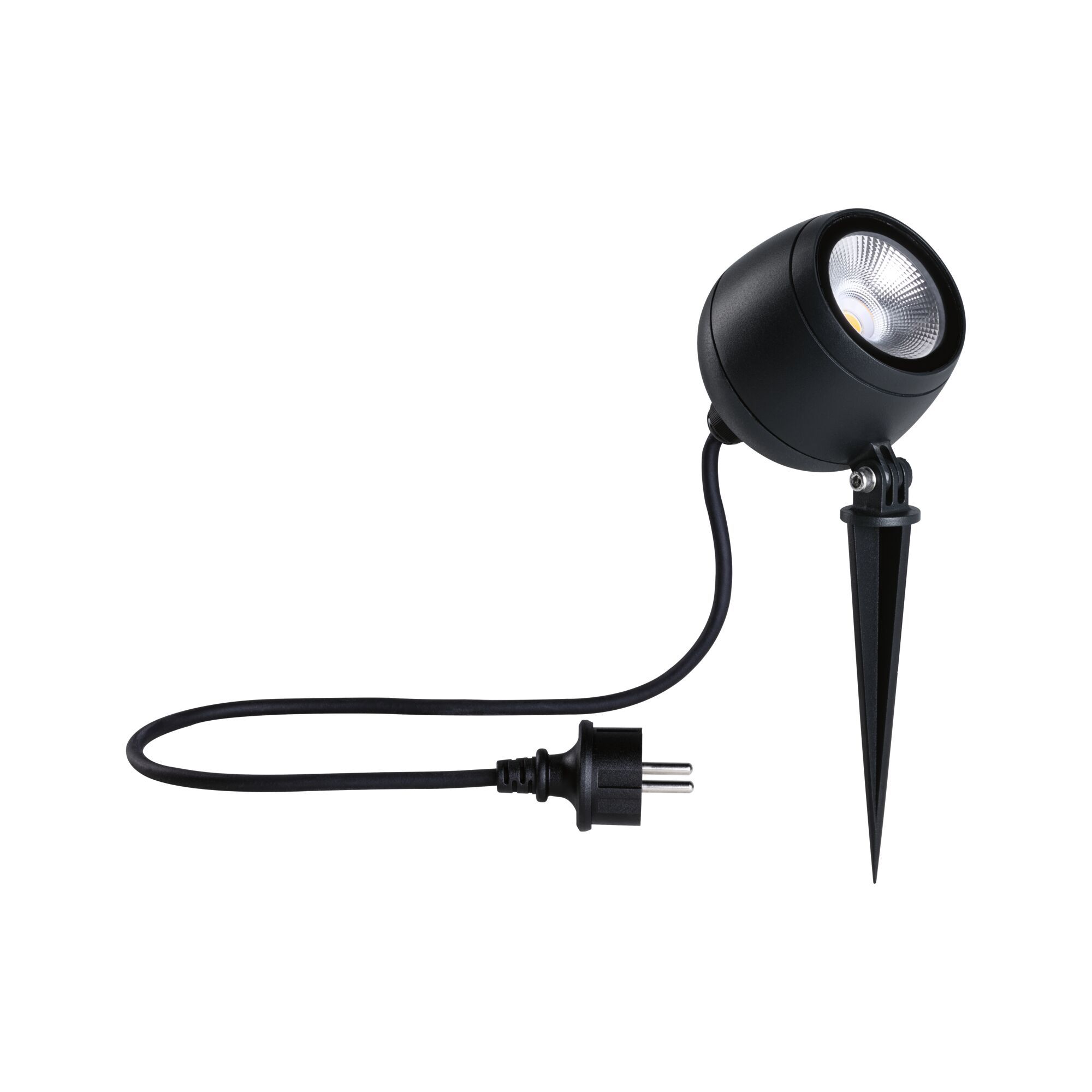 Black LED garden spotlight with ground spike and cable for outdoor lighting and garden use.
