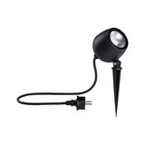 Schwarzer LED-Gartenstrahler mit Erdspieß und Kabel für Außenbeleuchtung und Gartenlicht.