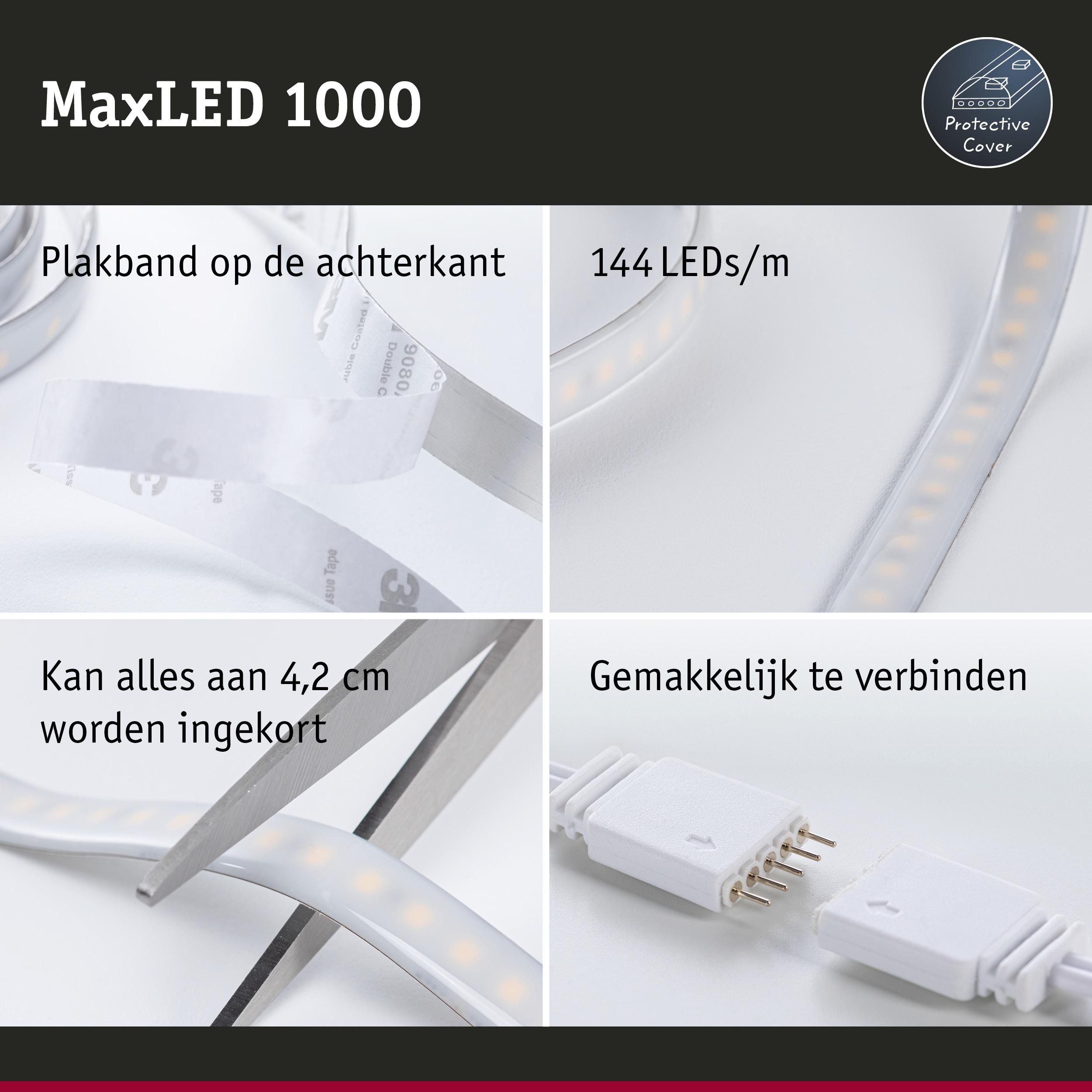 MaxLED 1000 LED-strip met 144 LEDs/m, plakband achterzijde, 4,2 cm in te korten, eenvoudig te verbinden