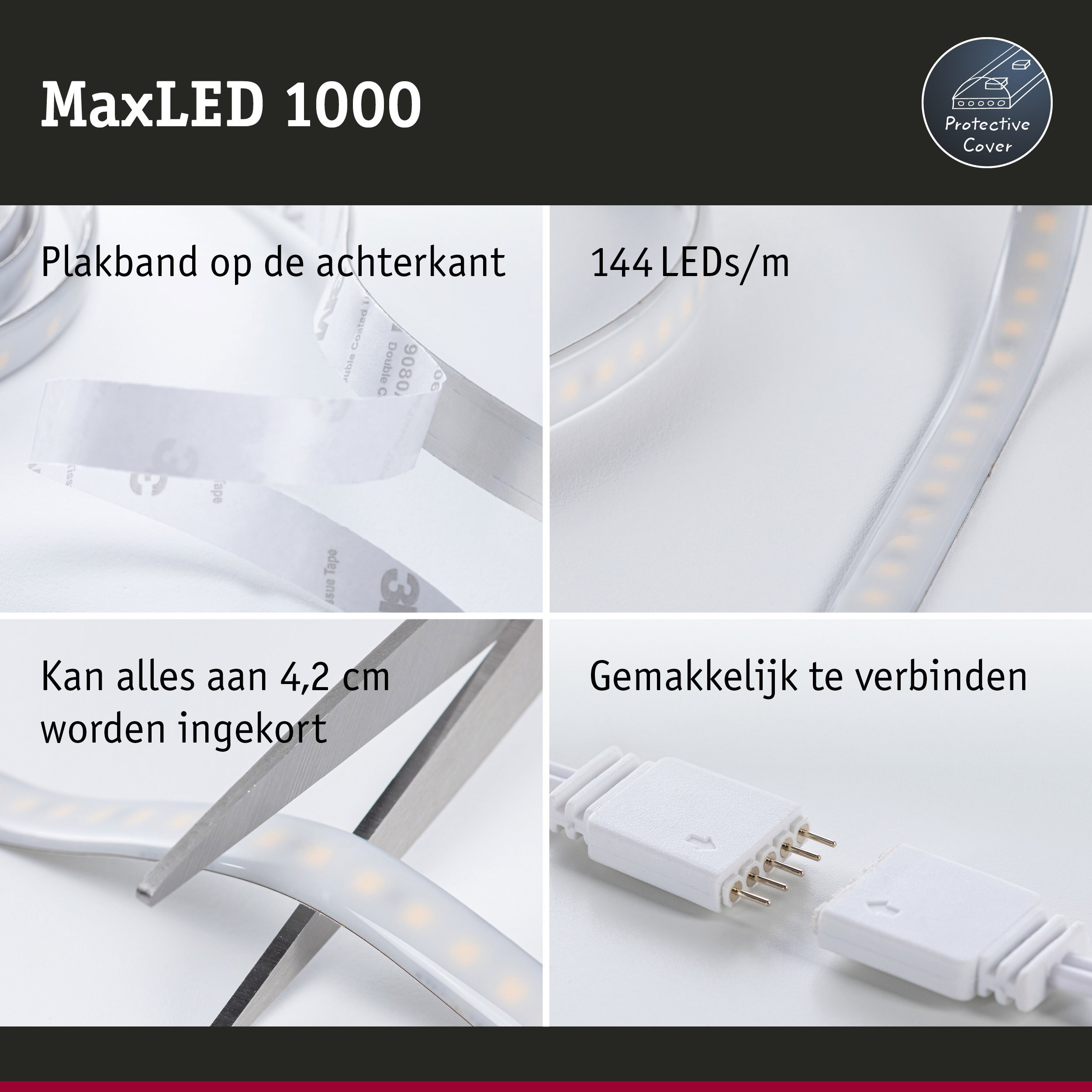 MaxLED 1000 LED-strip met beschermkap, 144 LEDs/m, zelfklevend en eenvoudig in te korten