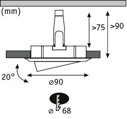 Technische Zeichnung eines Einbaustrahler mit 90 mm Durchmesser und 20 Grad Neigung aus Metall.