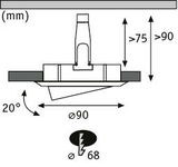Technische Zeichnung eines Einbaustrahler mit 90 mm Durchmesser und 20 Grad Neigung aus Metall.