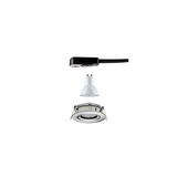 Exploded view of white GU10 LED spotlight with silver recessed frame and black connection cable