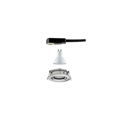 Exploded view of white GU10 LED spotlight with silver recessed frame and black connection cable