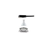 Exploded view of white GU10 LED spotlight with silver recessed frame and black connection cable