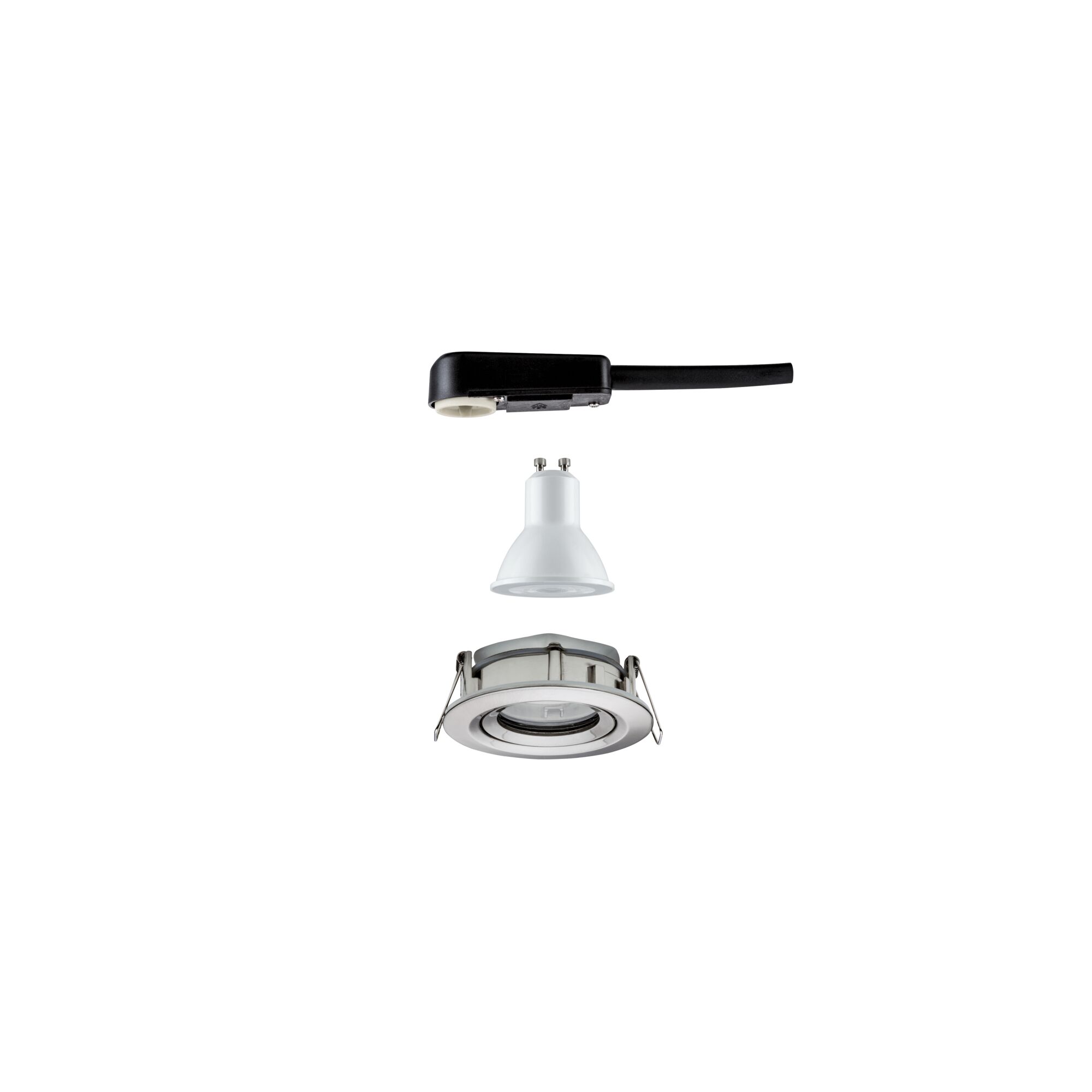 Exploded view of white GU10 LED spotlight with silver recessed frame and black connection cable