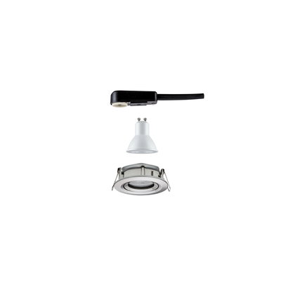 Exploded view of white GU10 LED spotlight with silver recessed frame and black connection cable