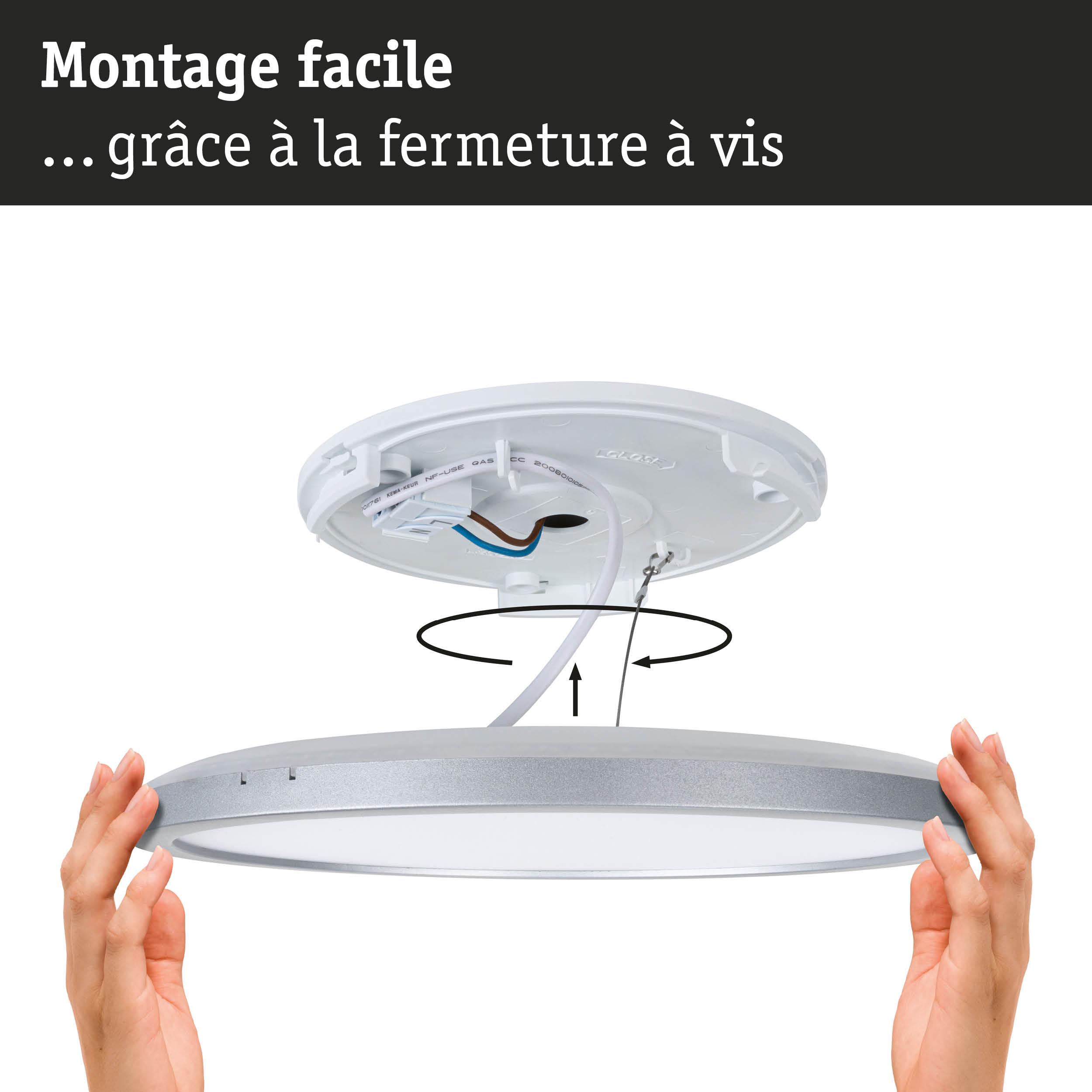 Installation facile d'un plafonnier LED rond blanc avec fixation à vis et cadre argenté