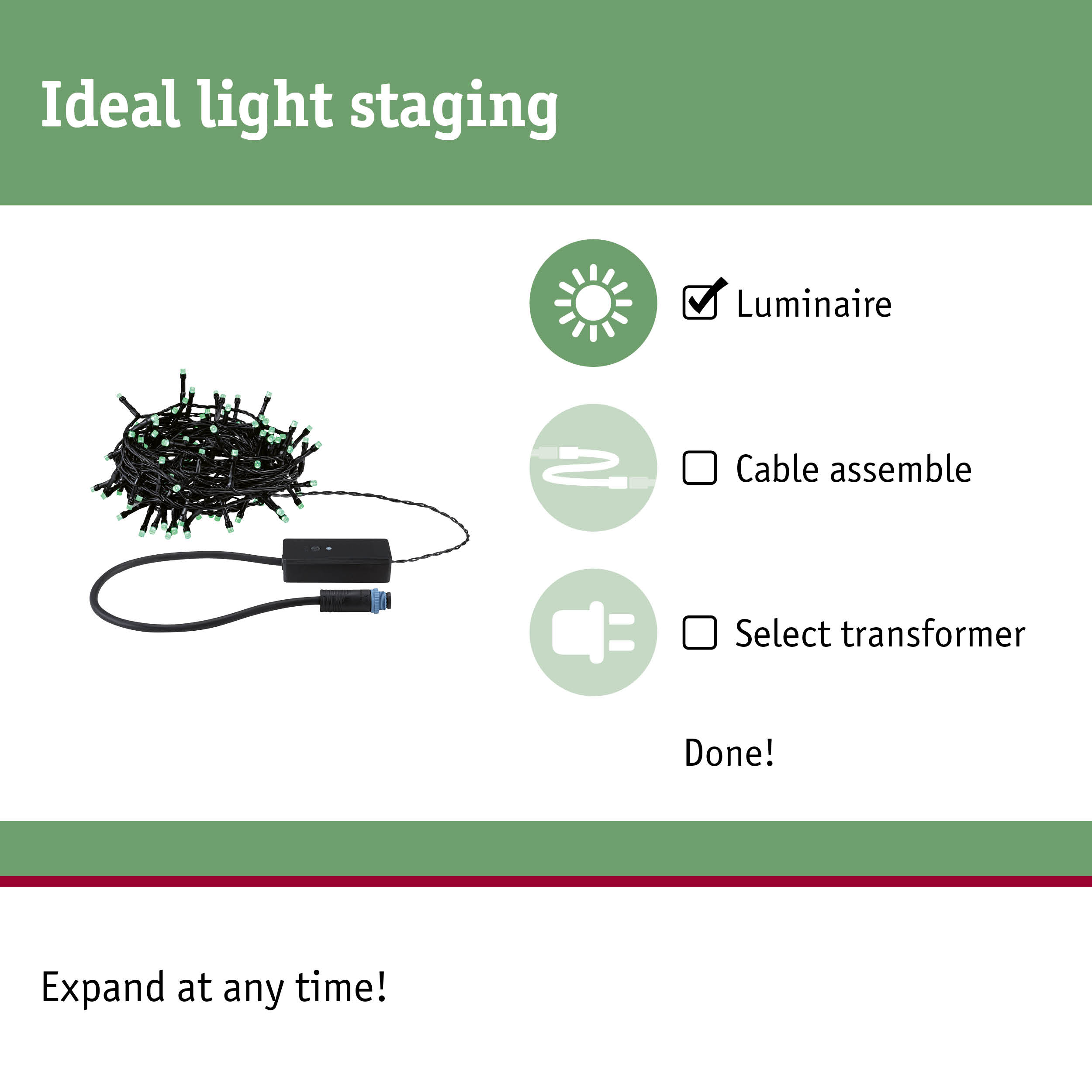 Black LED light cable with green bulbs and connector for flexible lighting and easy installation