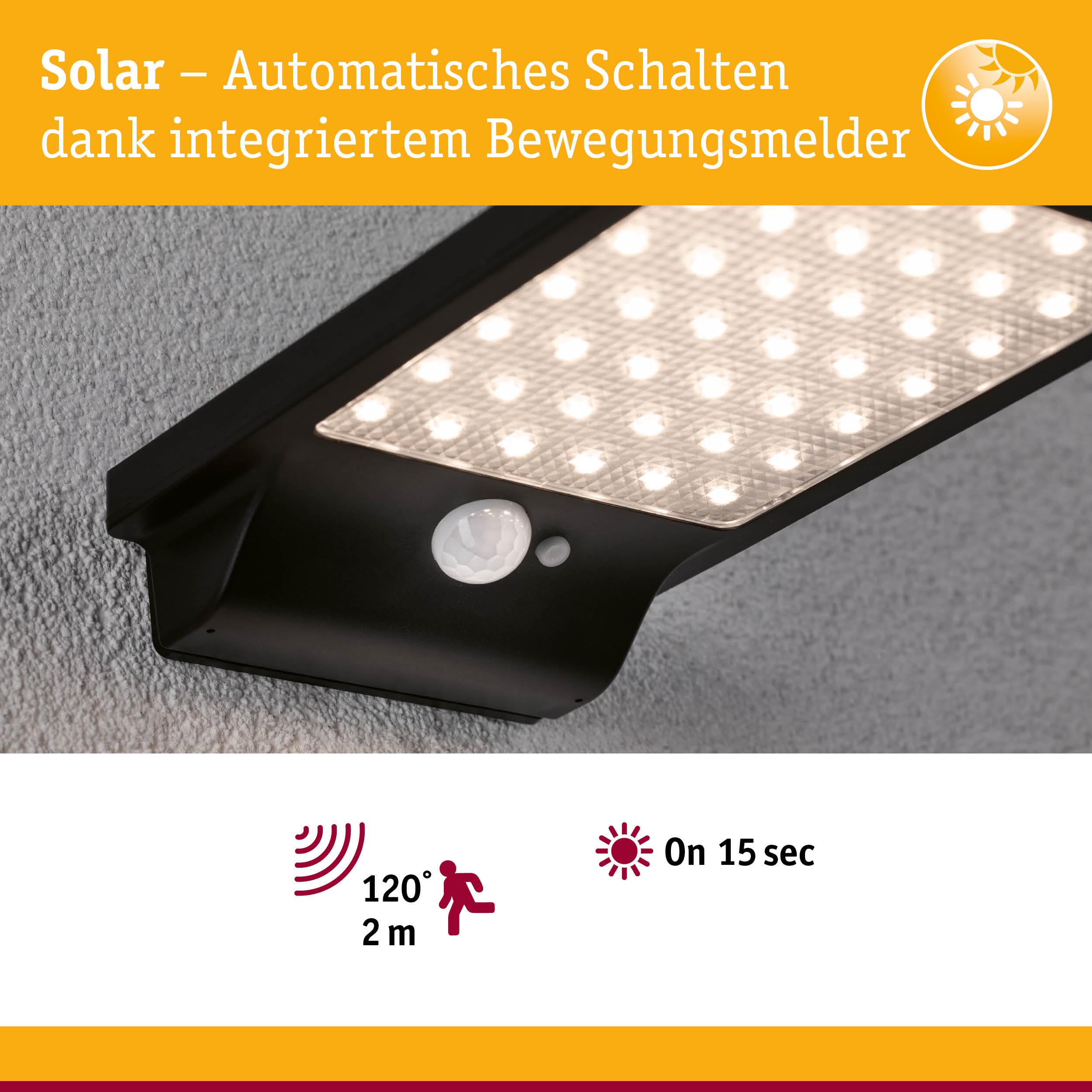 Schwarze Solar-LED-Leuchte mit integriertem Bewegungsmelder für automatisches Schalten und 120° Erkennung