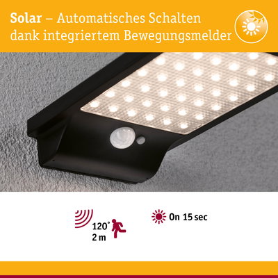 Schwarze Solar-LED-Leuchte mit integriertem Bewegungsmelder für automatisches Schalten und 120° Erkennung