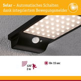 Schwarze Solar-LED-Leuchte mit integriertem Bewegungsmelder für automatisches Schalten und 120° Erkennung