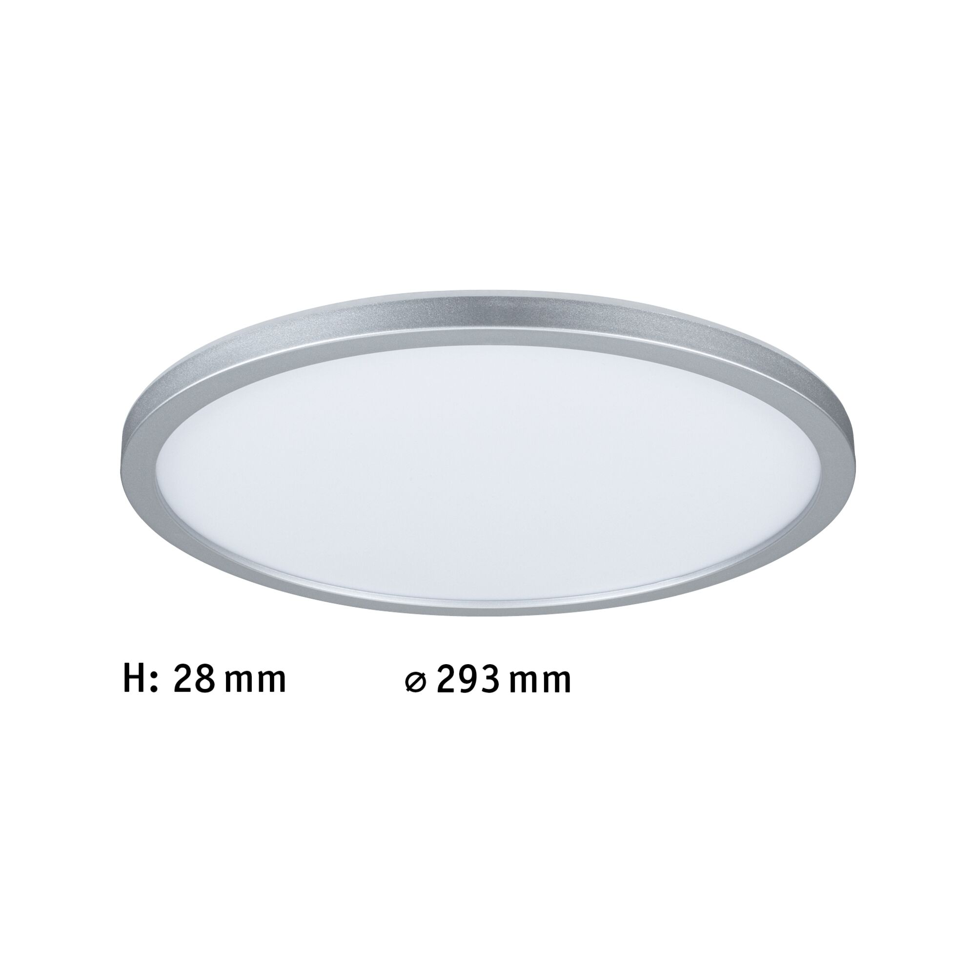 Round LED ceiling panel with silver aluminum frame and white diffuser, 293 mm diameter.