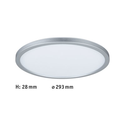 Rundes LED-Deckenpanel mit silbernem Aluminiumrahmen und weißem Diffusor, 293 mm Durchmesser.
