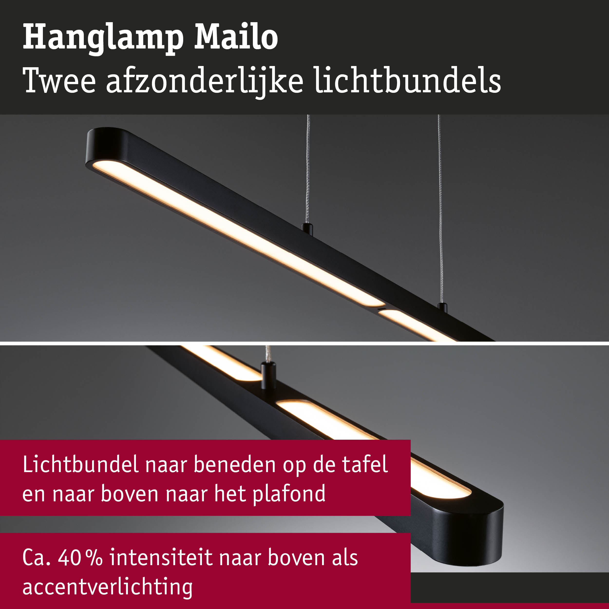 Zwarte LED-hanglamp Mailo met twee lichtbundels voor accent- en plafondverlichting