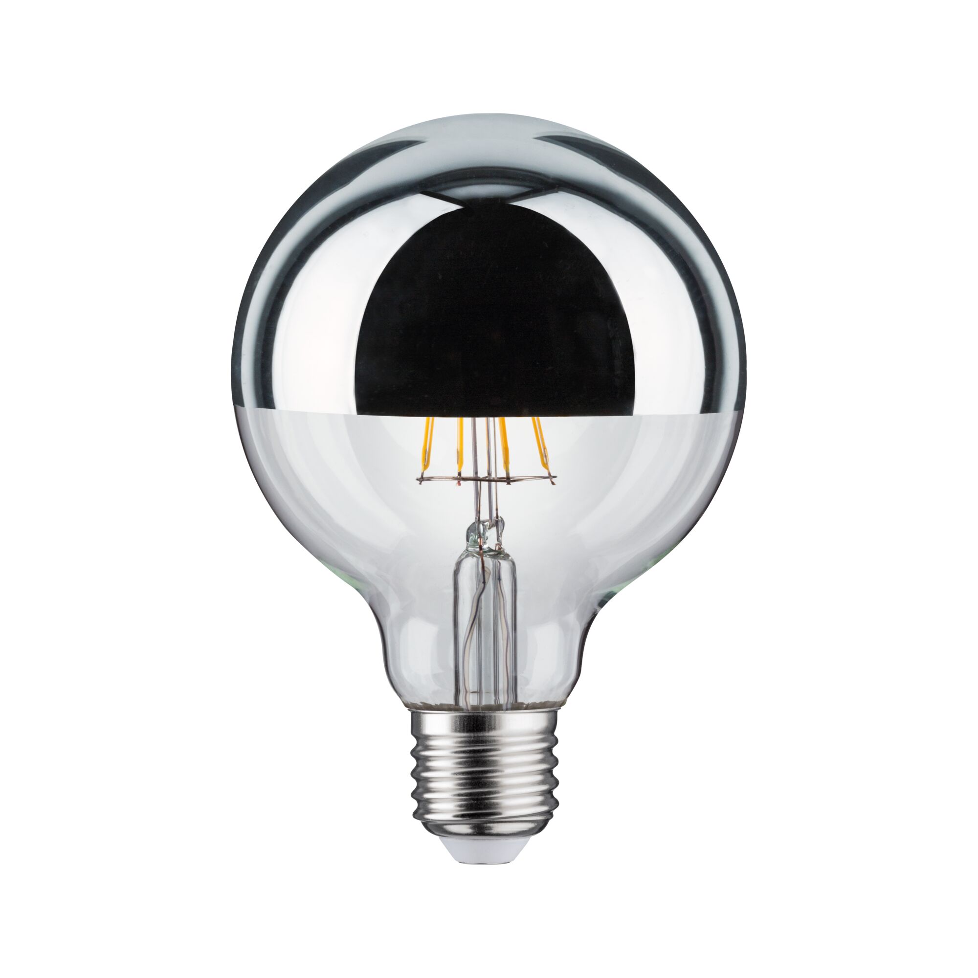LED bulb with silver mirror coating on top, clear glass globe, and E27 base for lighting