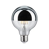 LED bulb with silver mirror coating on top, clear glass globe, and E27 base for lighting