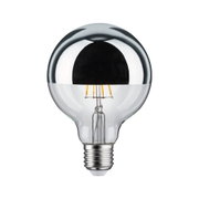 LED bulb with silver mirror coating on top, clear glass globe, and E27 base for lighting