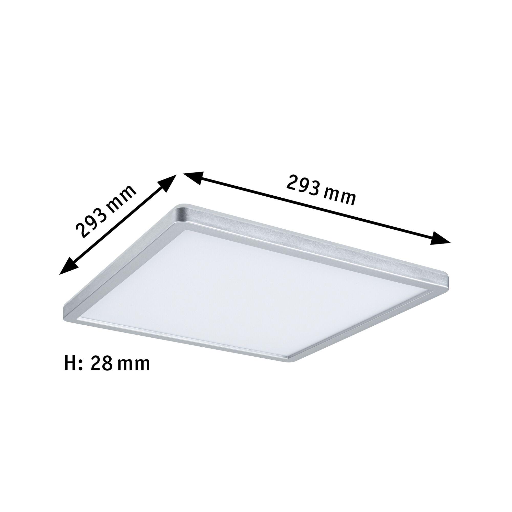 Square silver aluminium LED ceiling light measuring 293 mm width and 28 mm height