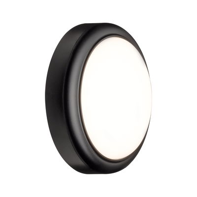 Round LED wall light with black metal frame and white diffuser for modern indoor lighting