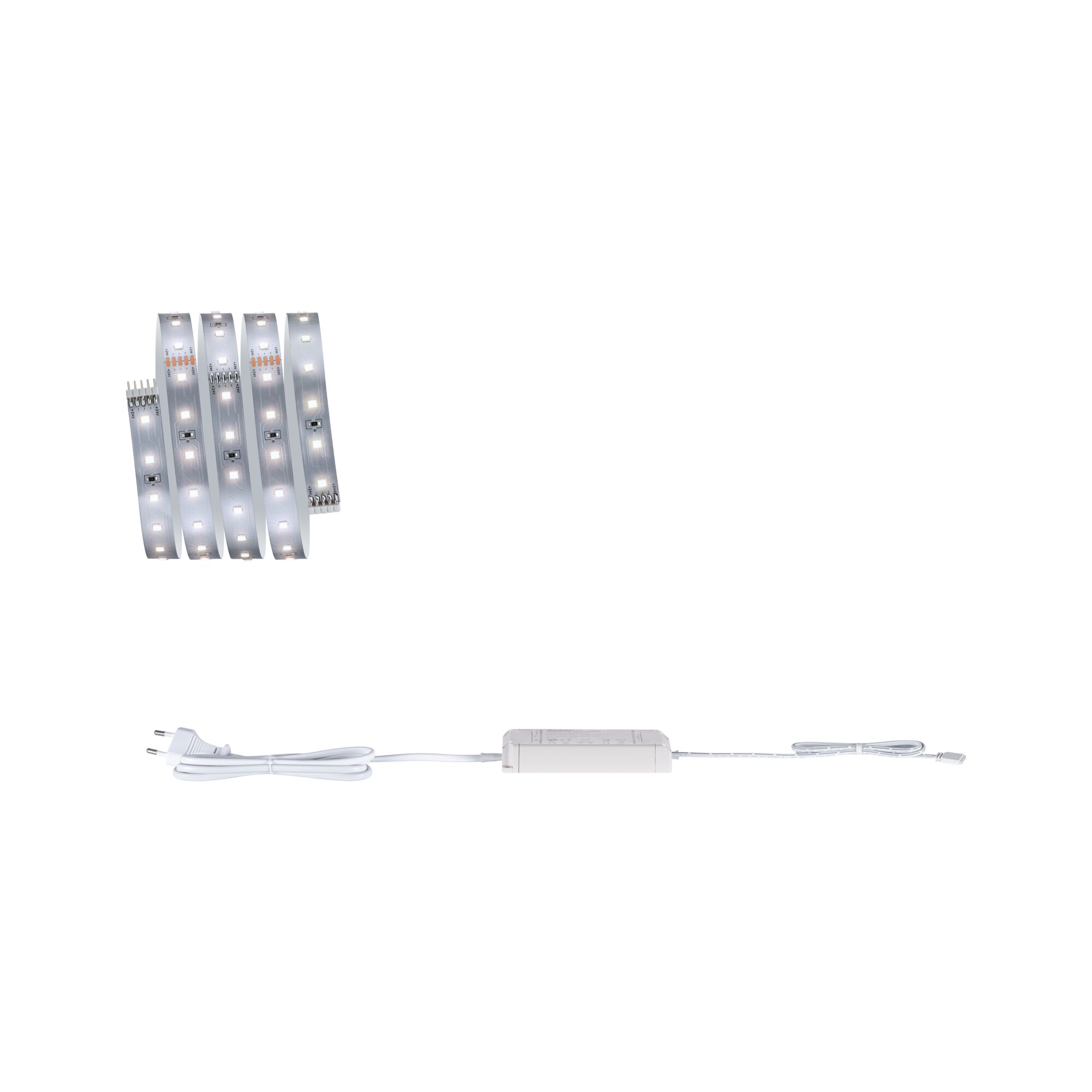 White LED strip light with power plug and controller for flexible lighting setups