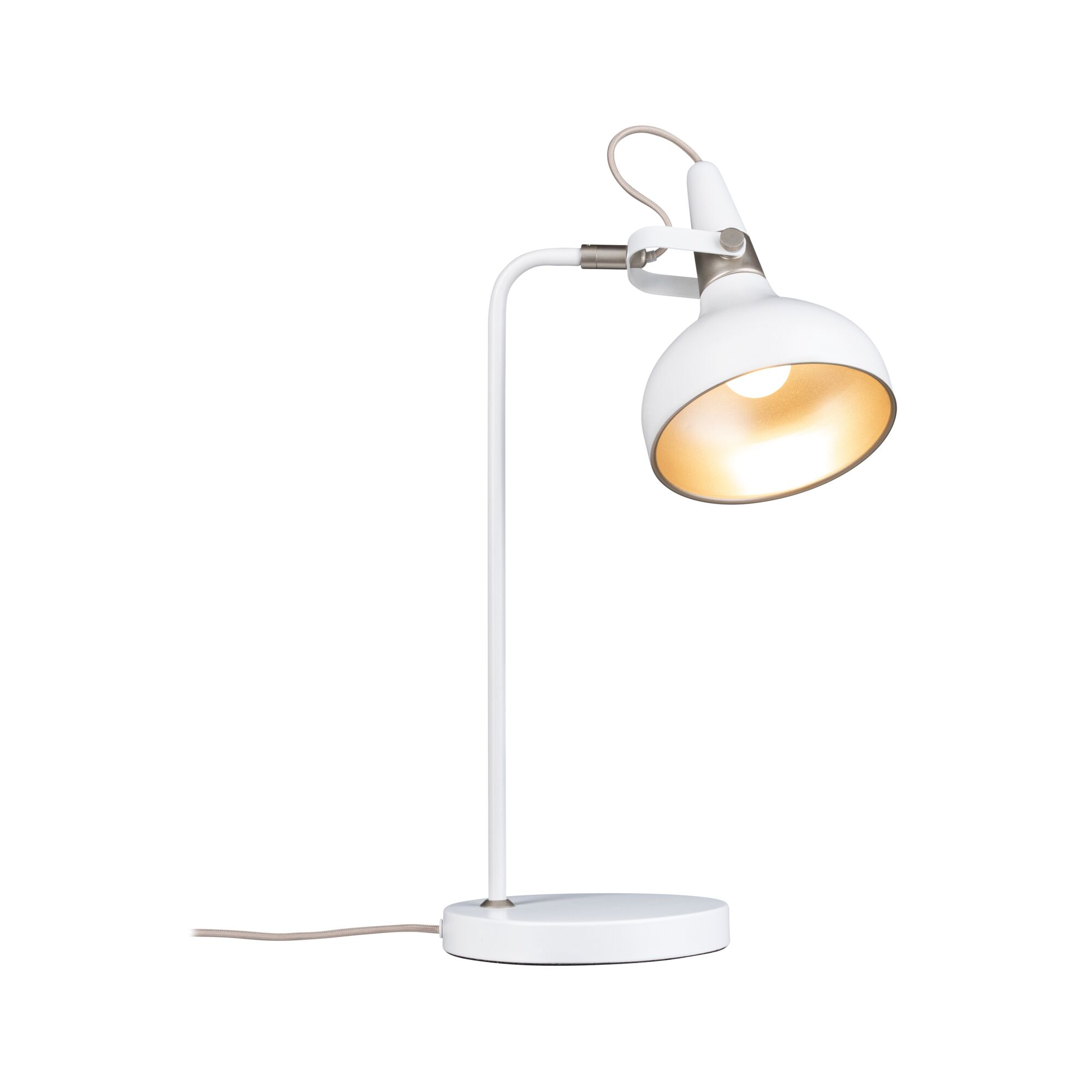 Table lamp Juna E14 max. 20W Matt white, Champagne Metal White metal desk lamp with adjustable shade and beige fabric cable for modern workspace lighting
