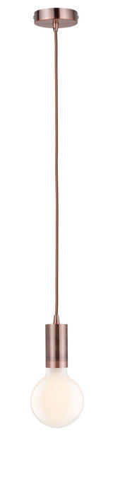 Pendant light with copper metal housing and white bulb for modern interior lighting