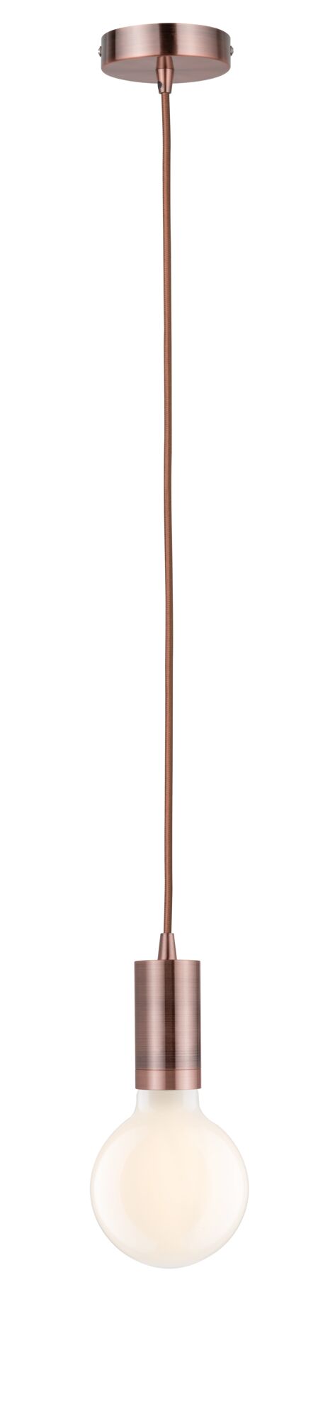Pendant light with copper metal housing and white bulb for modern interior lighting