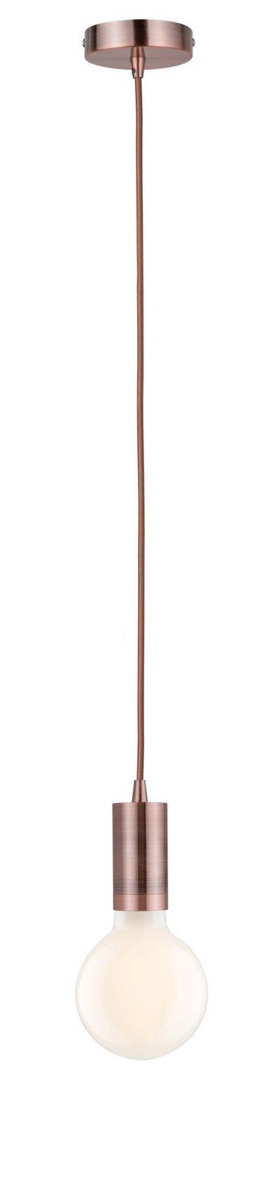 Pendant light with copper metal housing and white bulb for modern interior lighting