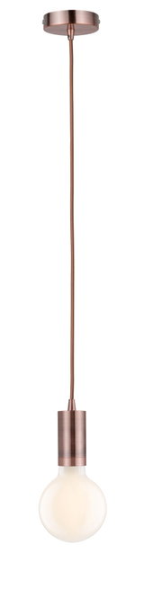 Pendant light with copper metal housing and white bulb for modern interior lighting