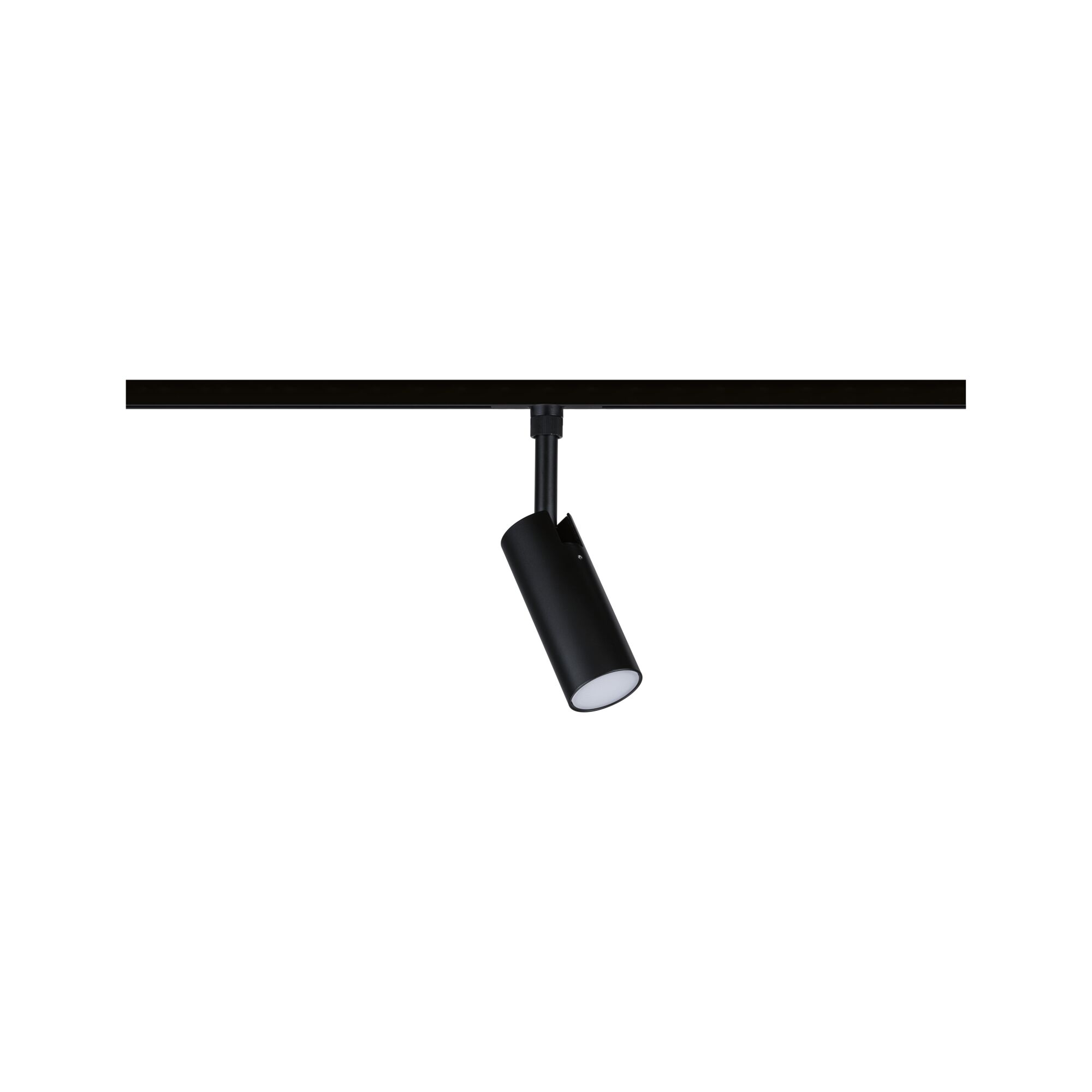 Black metal LED spotlight on track system, modern adjustable light for accent lighting