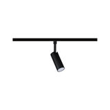 Black metal LED spotlight on track system, modern adjustable light for accent lighting