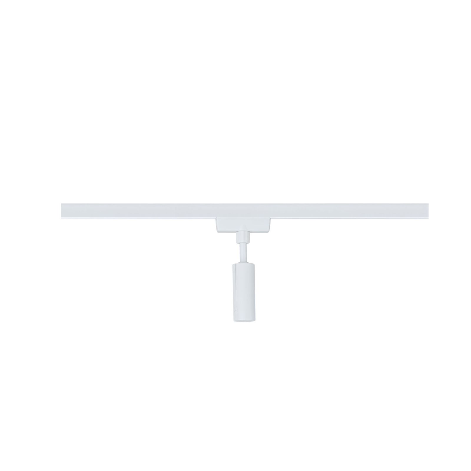 Weißer LED-Strahler aus Metall an Schienensystem für flexible Beleuchtung im Innenraum