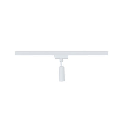 Moderner weißer LED-Strahler aus Metall an Schienensystem für flexible Beleuchtung