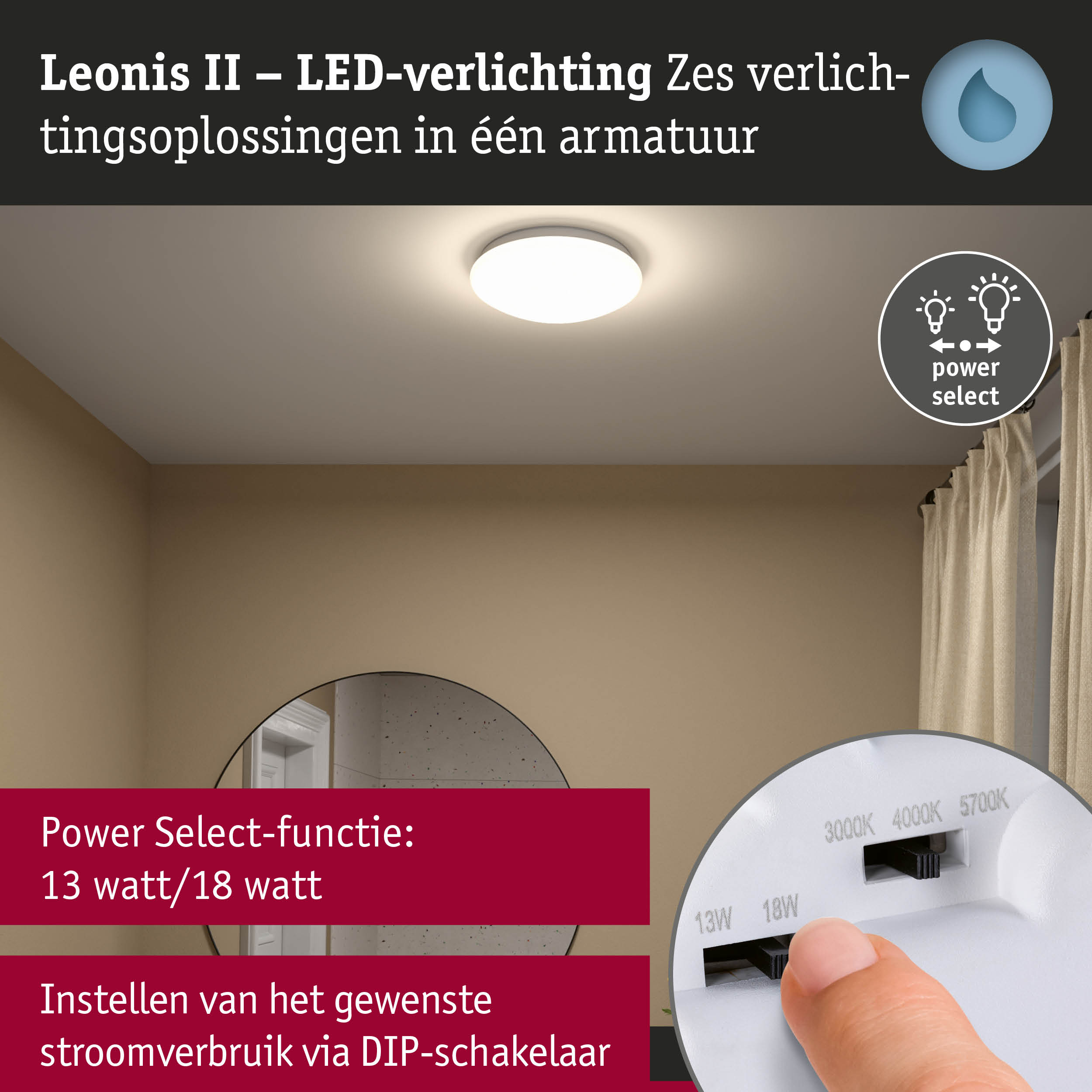 Leonis II LED-plafondlamp met instelbaar stroomverbruik 13 of 18 watt voor woonruimtes
