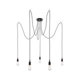 Modern black pendant light with five bulbs and long cables for flexible room lighting